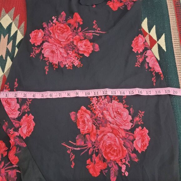 Y2K Express Midi Slip Dress Sz 7/8 Black Red Floral Ruffle High Low Dark Romanti - Picture 8 of 10